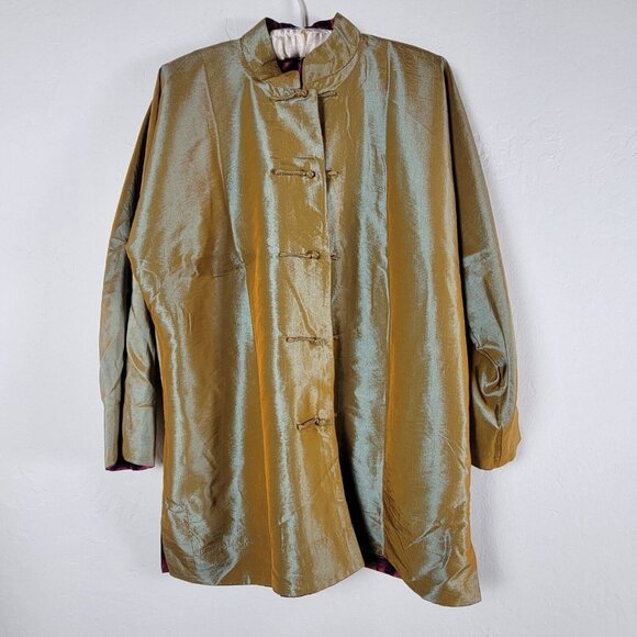 Women's Chinese Knot Button Reversible Kimono Jacket XL Shimmer Red/Brown